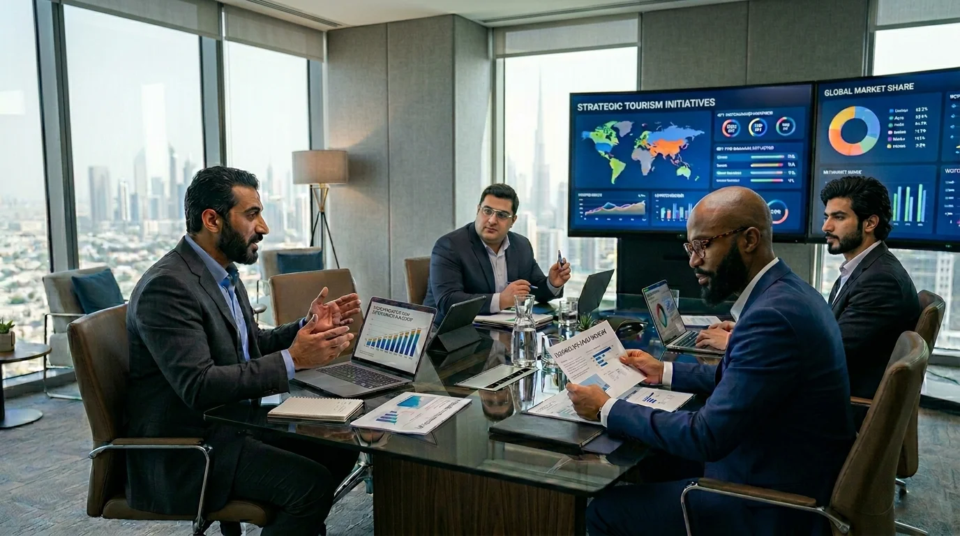  Marketing team discussing innovation and growth strategies in tourism sector 